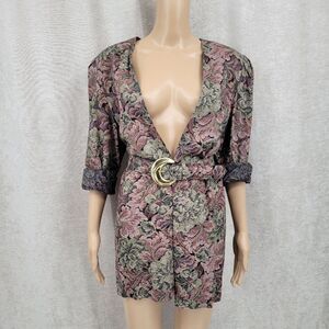 Peri Vintage 80s Floral Printed Jacquard Pattern Tapestry Blazer Matching Belt